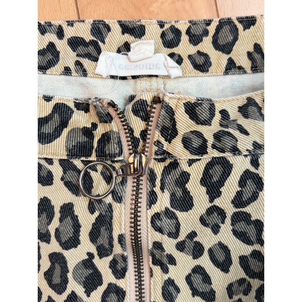 ee:some Leopard Print Mini Skirt Womens L Tan Front Zip Raw Hem Distressed - Picture 3 of 4